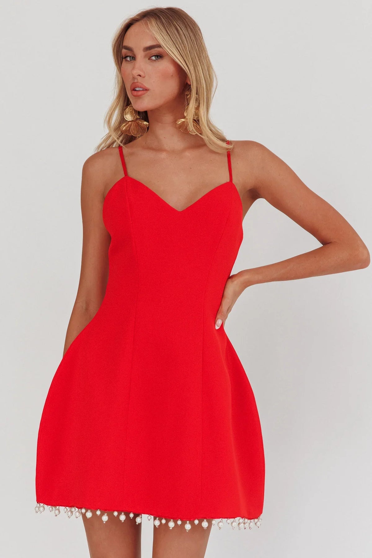 Besos Pearl Hem Mini Dress Red