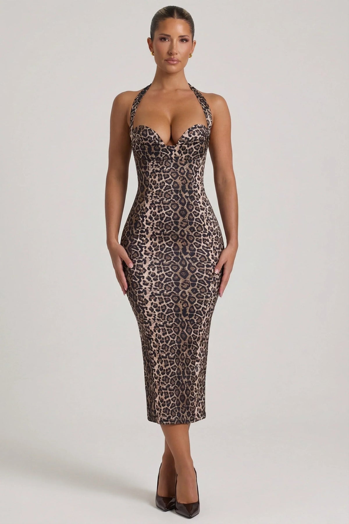Layered Halterneck Bodycon Midi Dress in Leopard Print