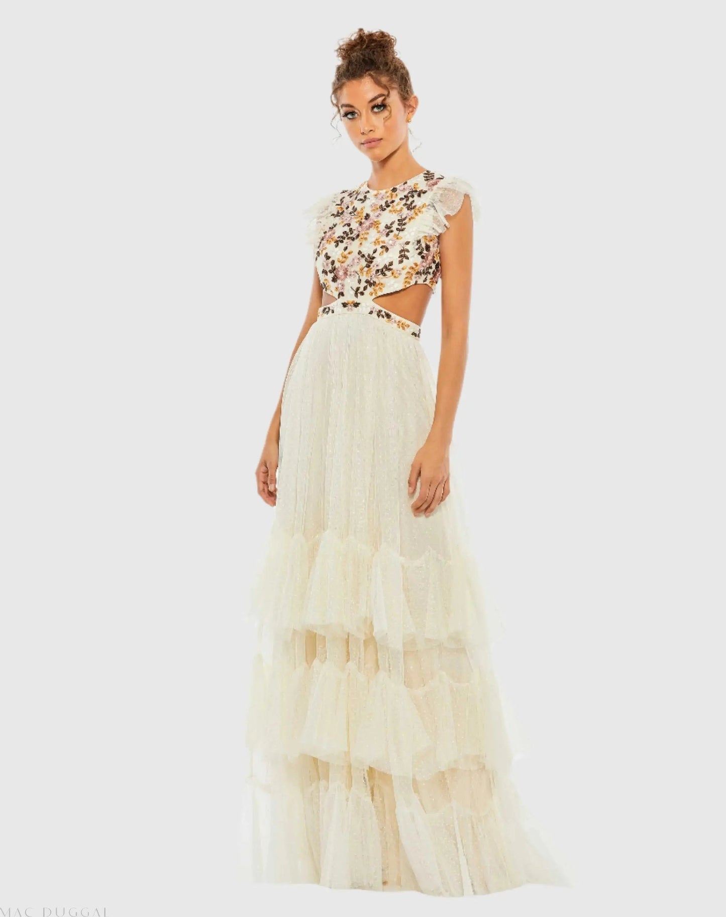 Embroidered Bodice Cap Sleeve Ruffle Tiered Gown