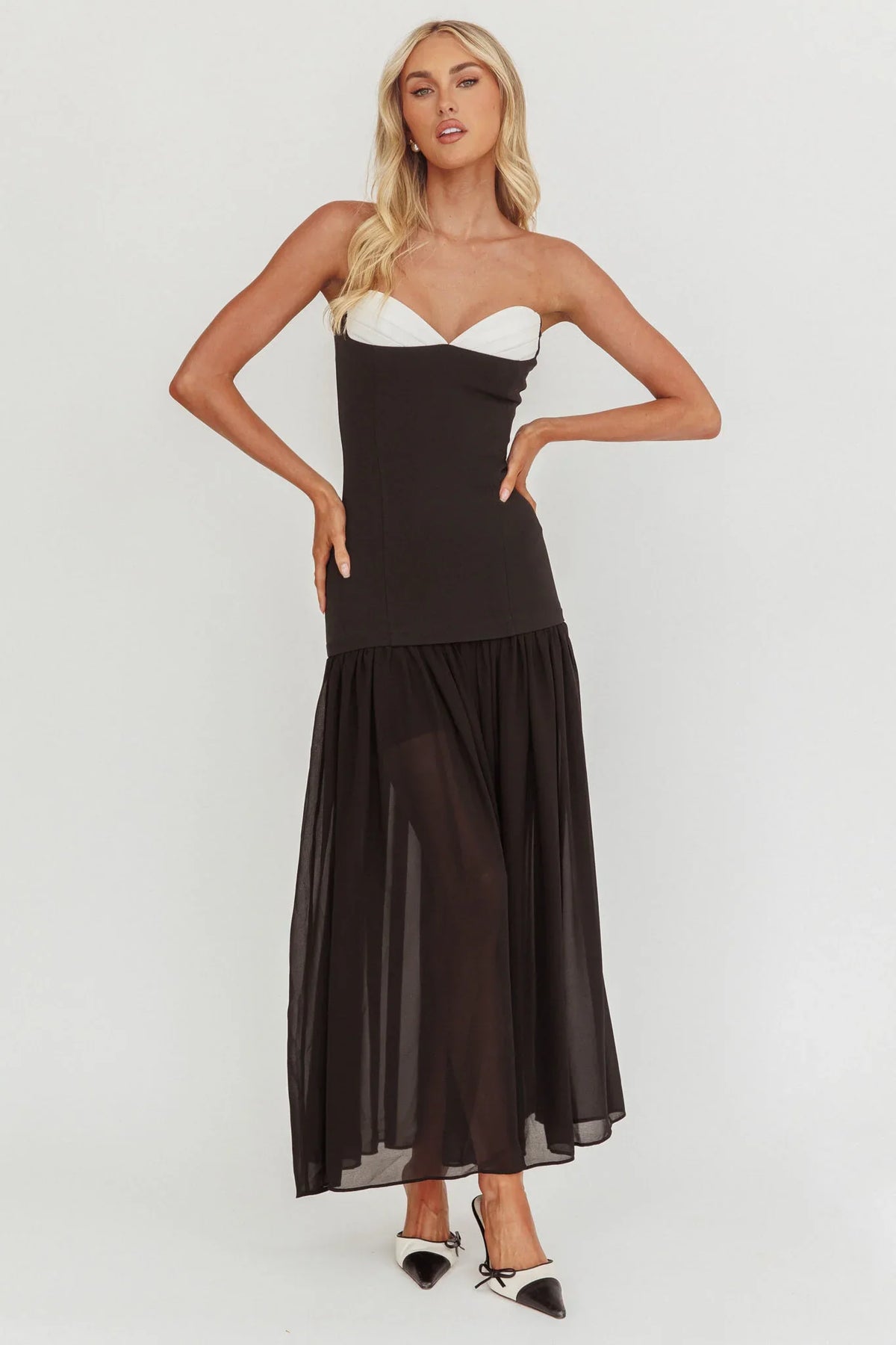 Unspoken Sweetheart Neckline Sheer Hem Maxi Dress Black