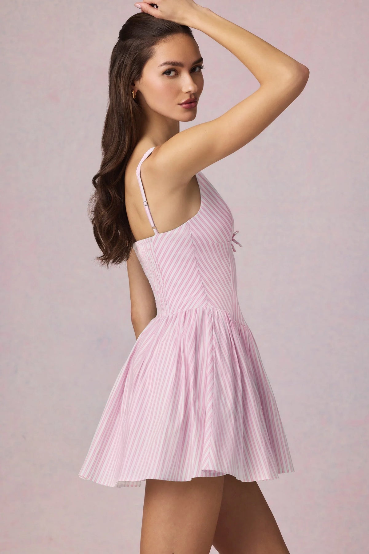 Bow-Detail A-Line Mini Dress in Soft Mauve Stripe