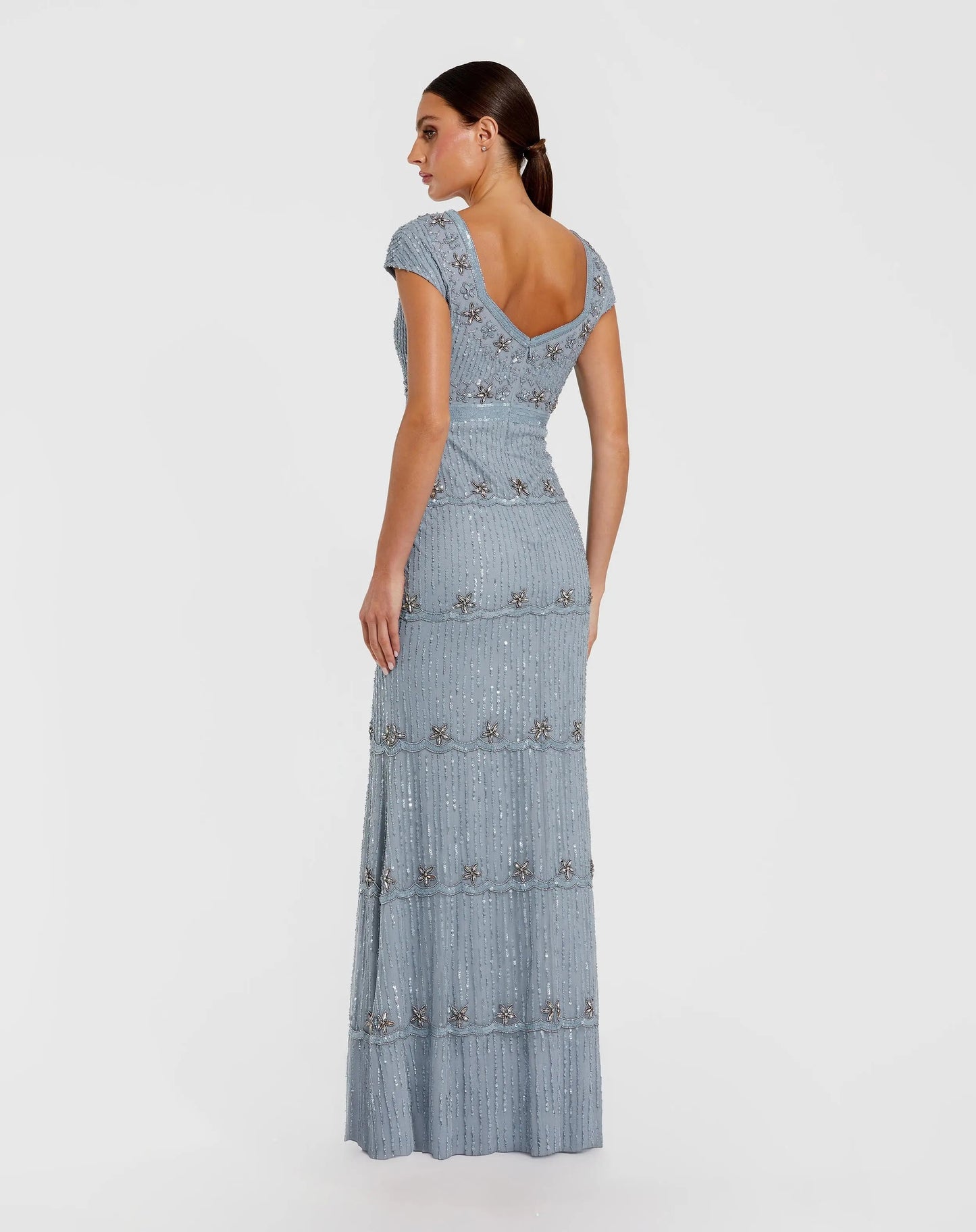 Blue Sequin Cap Sleeve Sweetheart Column Gown