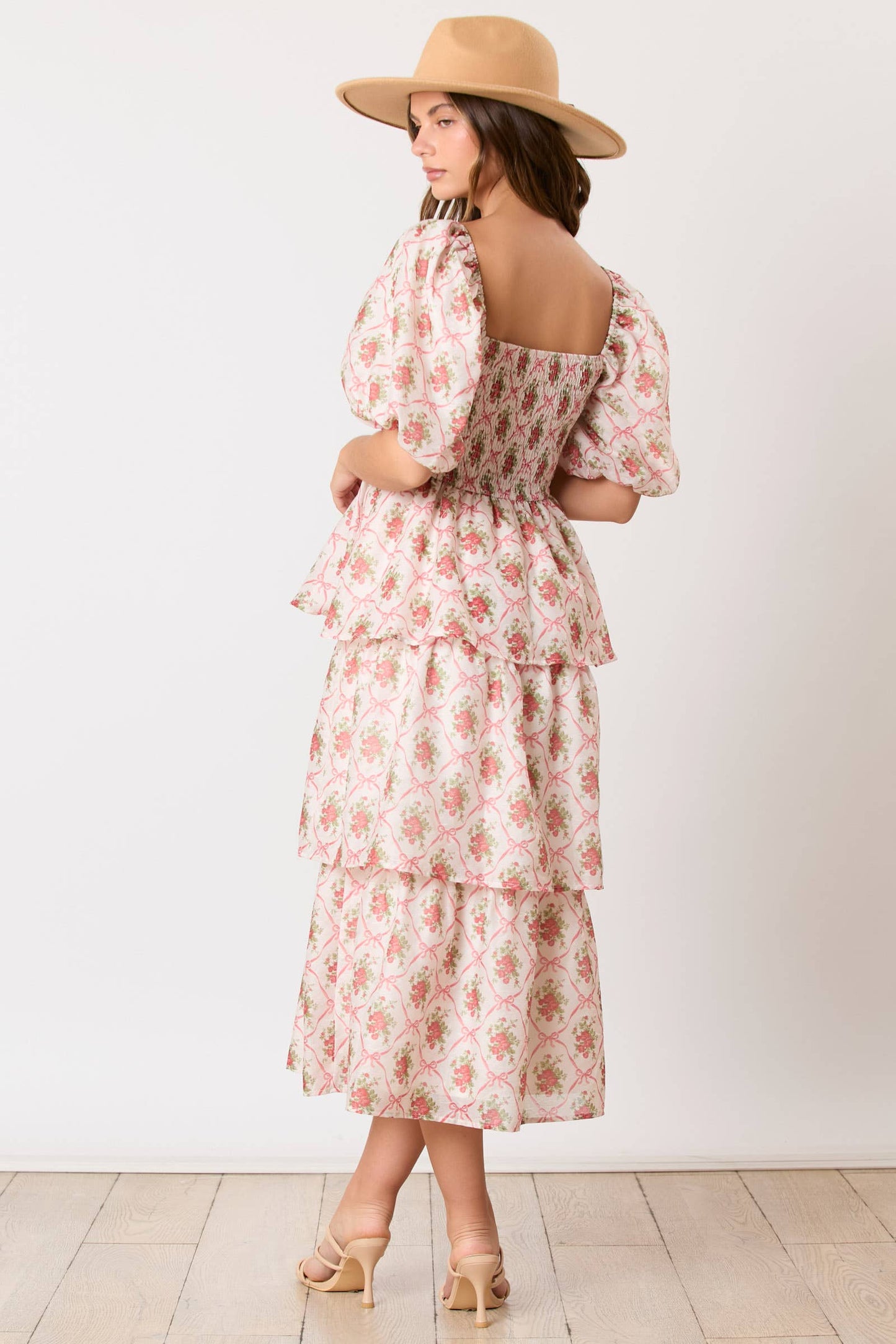 Bow & Rose Printed Puff Sleeve Tiered Midi Dress