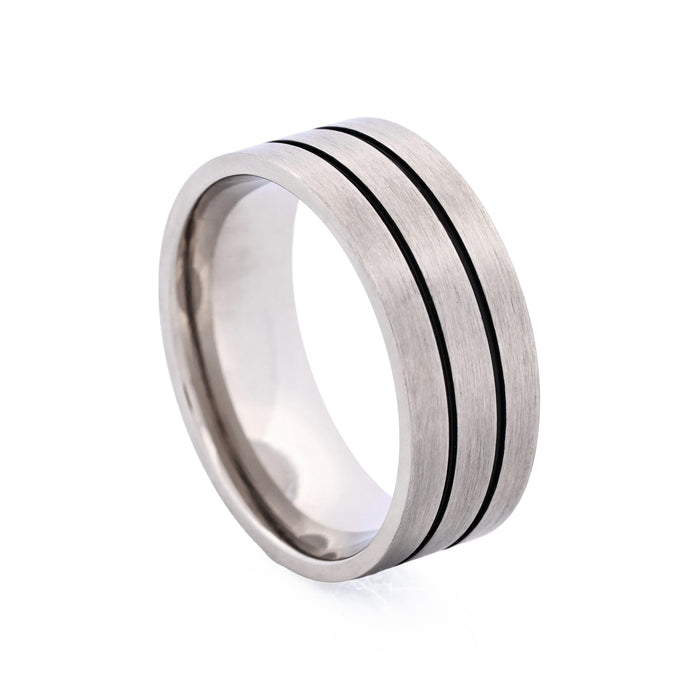 Brushed Stainless Steel Ring with Double Black Enamel Stripes