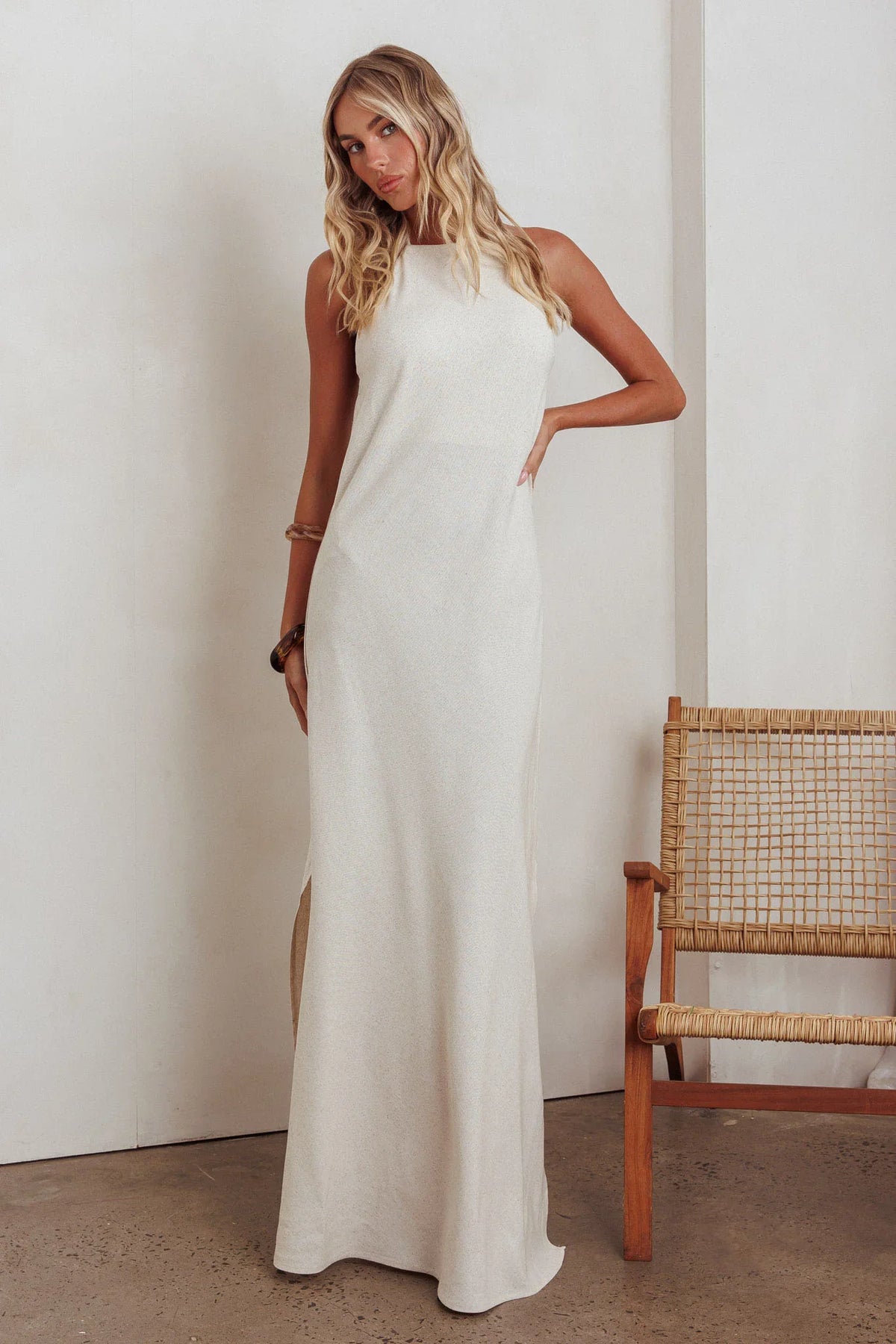 Gracie Halter Tied Back Maxi Dress Oatmeal