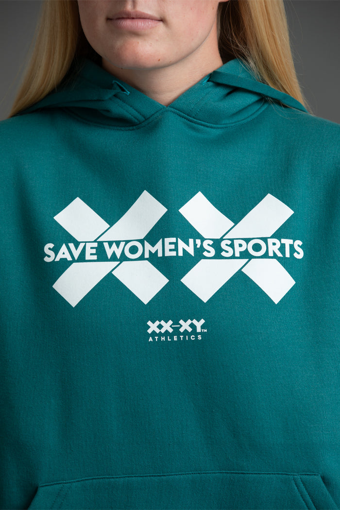 Teal hoodie with 'Save Women's Sports' text and XX-XY Athletics logo || teal