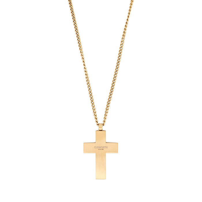 Ion Plated 14k Gold & Black Chequered Inlay Cross OnIon Plated Gold Curbed Link Chain