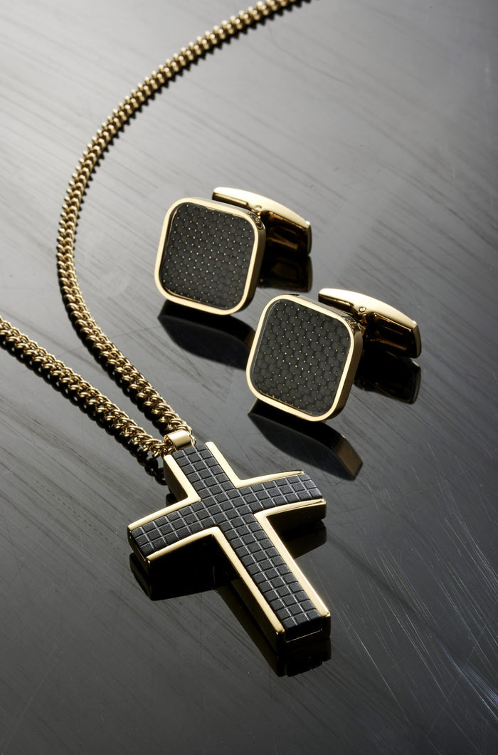 Ion Plated 14k Yellow Gold & Carbon Fibre Stainless Steel Cufflinks