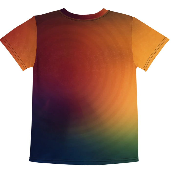 Low Poly Rocket Kid's Tee - The tessellated, jewel-toned exhaust trail that replaces organic smoke with sharp, triangular shards transitioning from solar orange (#D9852B) to icy cyan (#00FFFF).