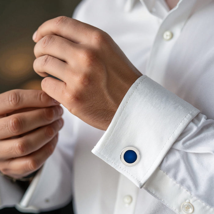 Polished Rhodium Plated Round Cufflinks with Dark Blue Enamel Inlay