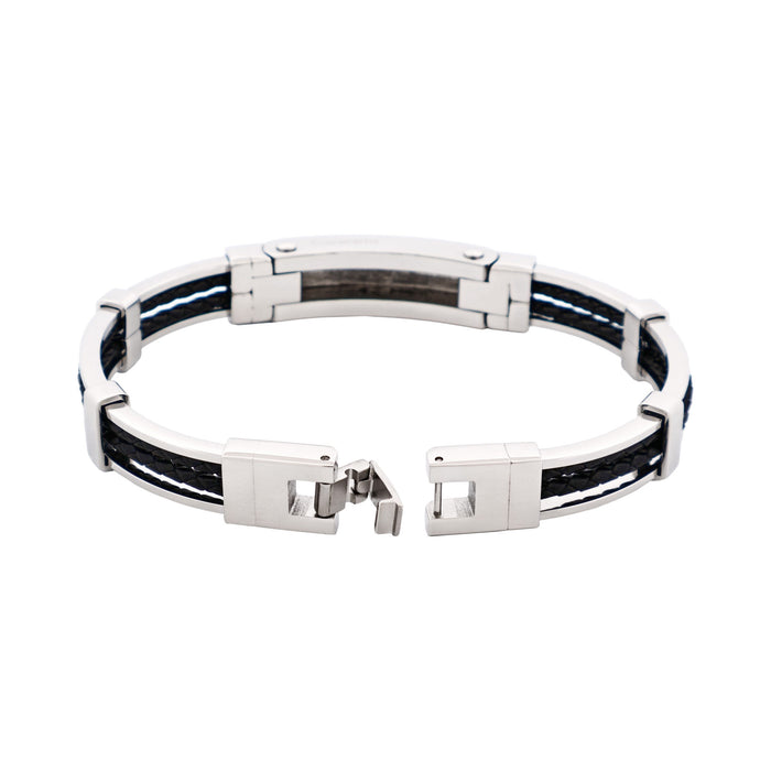 Polished Stainless Steel Bracelet with Double Strand Braided Black Leather