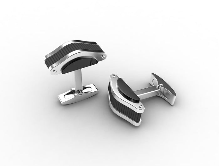 Polished Stainless Steel Cufflinks with Ion Plated Black Corrugated Inlay & Side Detail