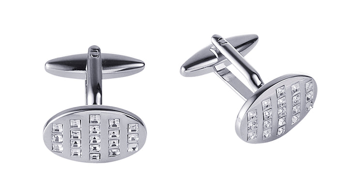 Rhodium Plated Oval Crystal Cufflinks
