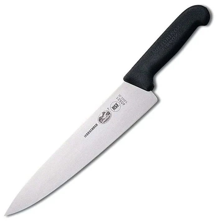Victorinox chef's knife with an 8 inch blade and a black plastic handle.