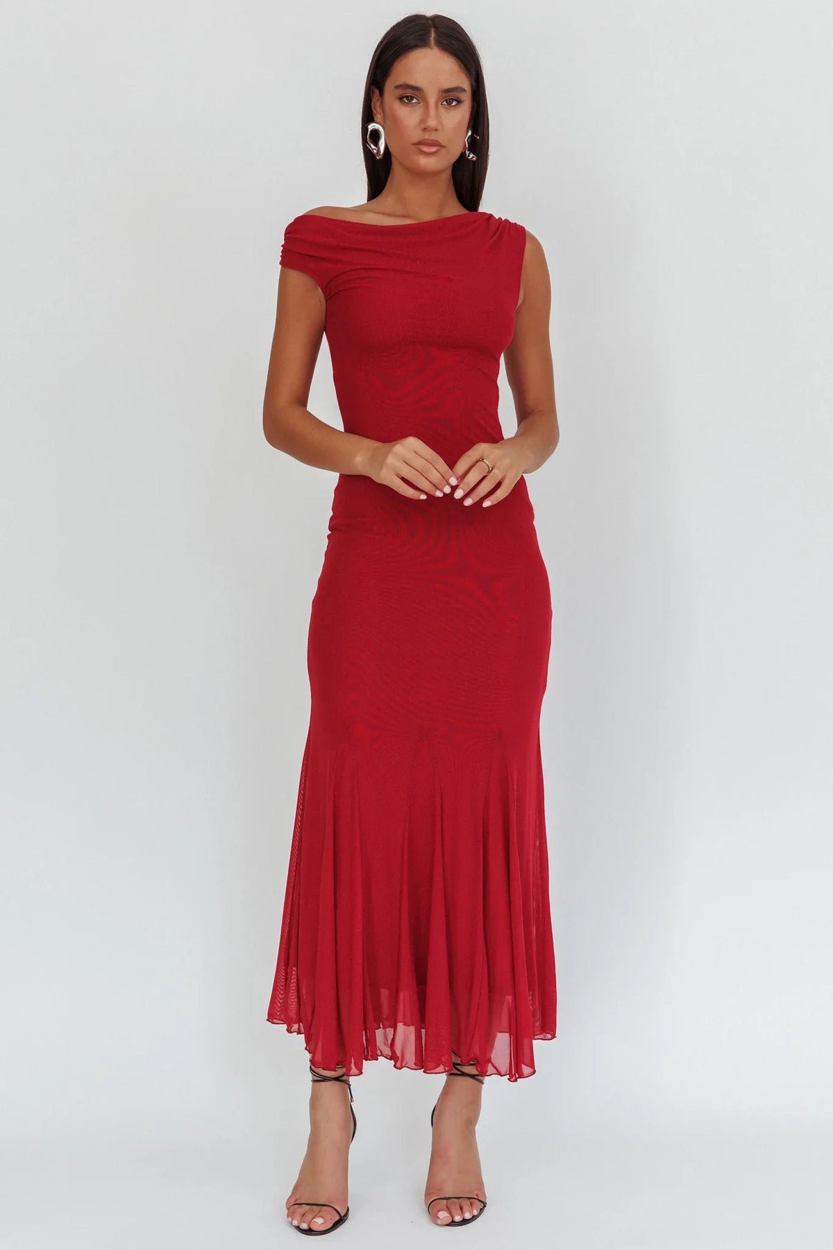 Diana Asymmetric Shoulder Godet Maxi Dress Wine