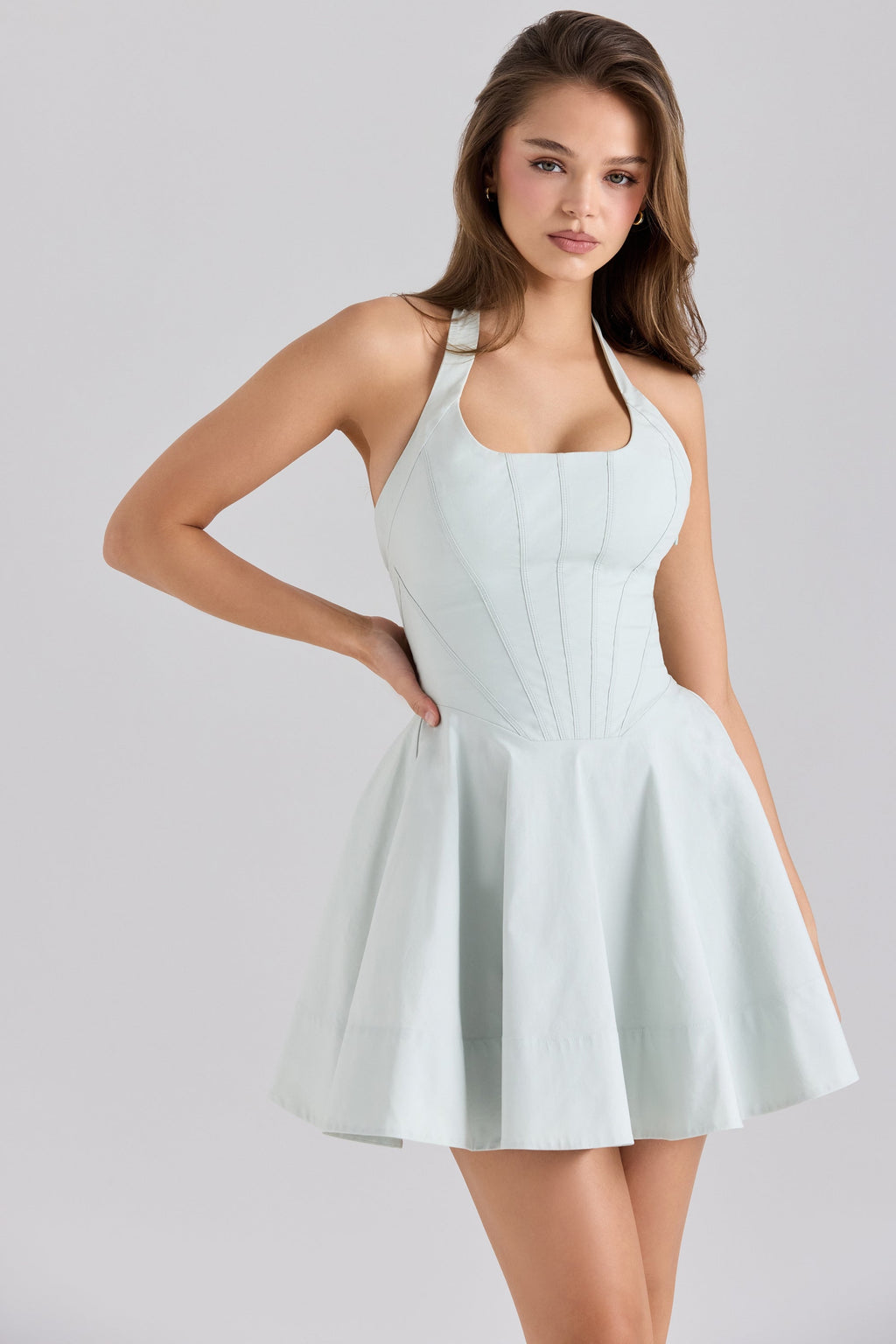 pistachio stretch cotton halter neck mini dress
