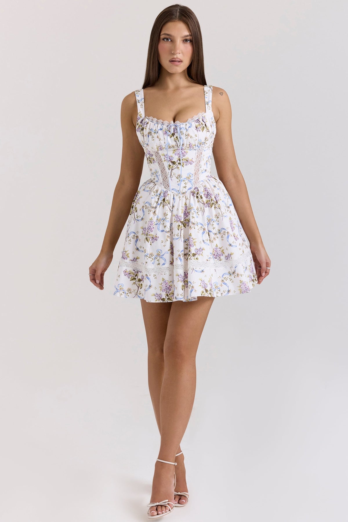 white floral ribbon print cotton mini dress