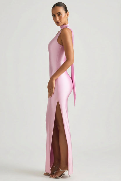 Asymmetric Scarf-Detail Maxi Dress in Soft Pink
