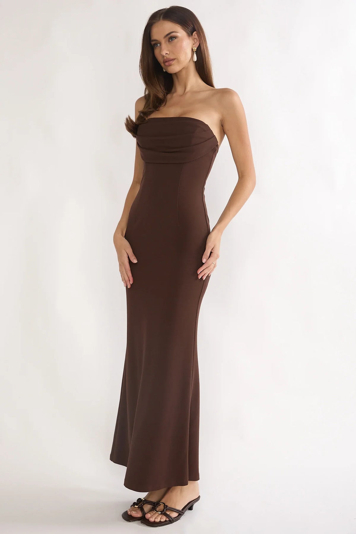 Well Versed Strapless Pleat Bust Maxi Dress Chocolate