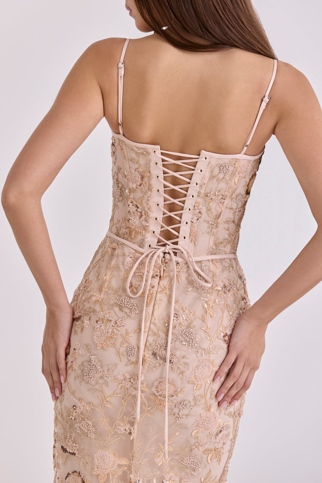 peach hand beaded embellished corset maxi dress - limited edition