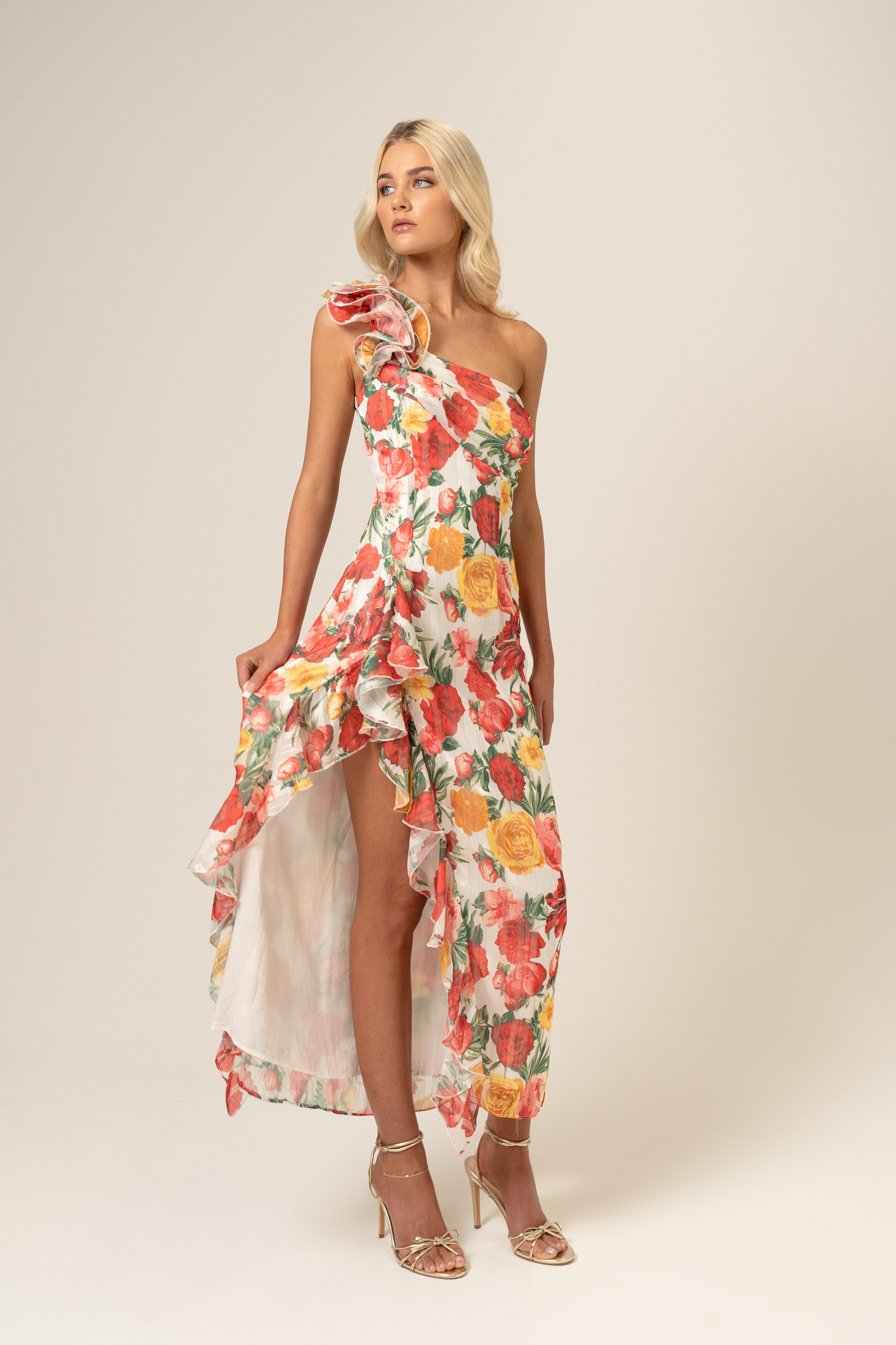Saskia One-Shoulder Ruffle Dress - Floral Print