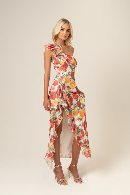 Saskia One-Shoulder Ruffle Dress - Floral Print