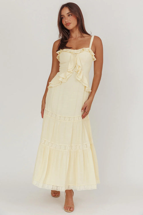 Vienna Sky Frill And Crochet Trim Maxi Dress Cream