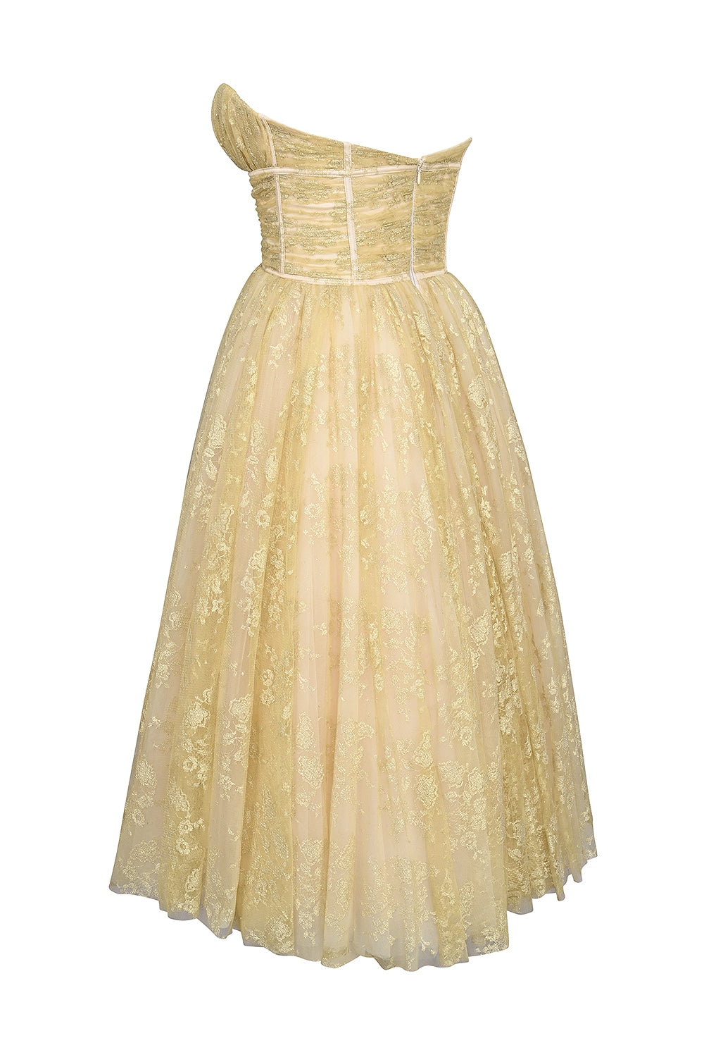 gold metallic lace tulle midi gown