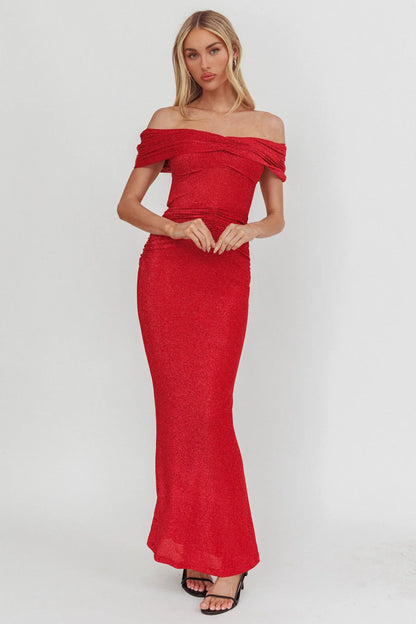 Silver Moon Off-Shoulder Maxi Dress Cherry