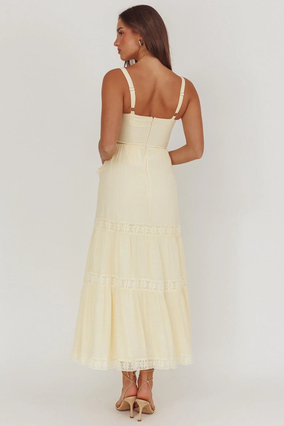 Vienna Sky Frill And Crochet Trim Maxi Dress Cream