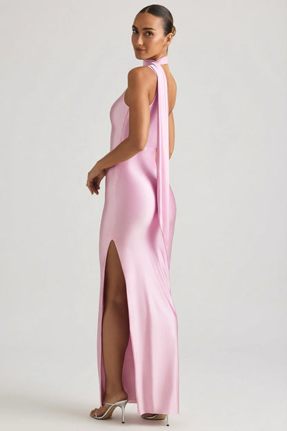 Asymmetric Scarf-Detail Maxi Dress in Soft Pink