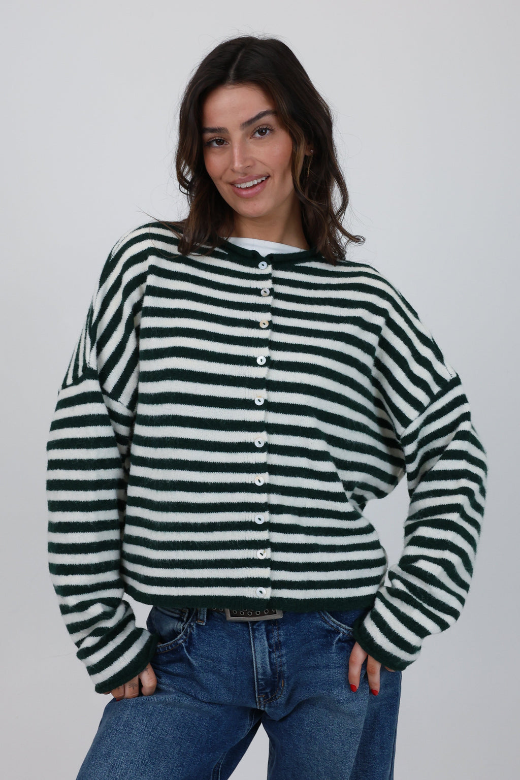 Phoebe Cardigan in Green/White Stripe