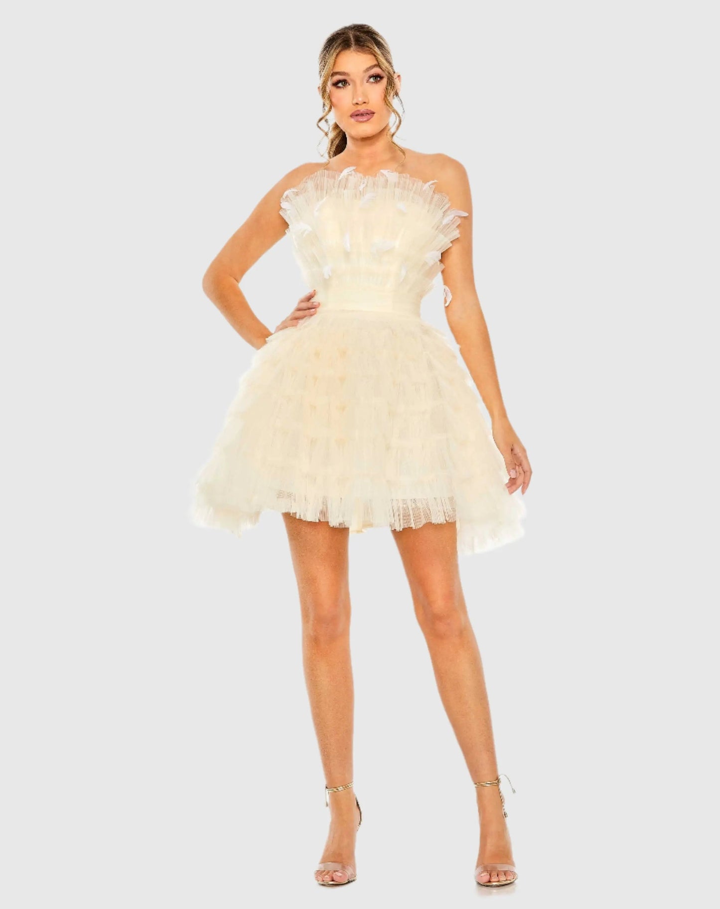 Beige Feathered Strapless Tulle Fit and Flare Dress - FINAL SALE