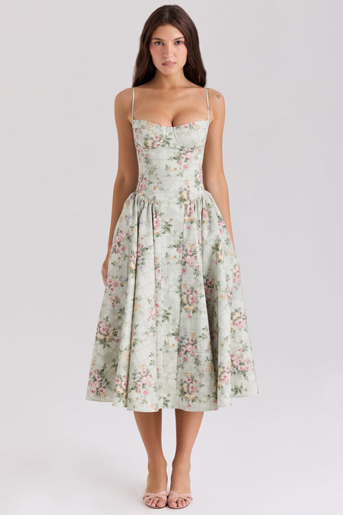 sage floral print cotton midi dress
