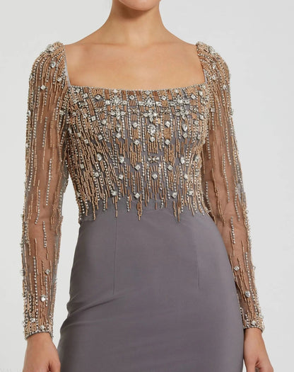 Gray Beaded Square Neck Long Sleeve Jersey Gown