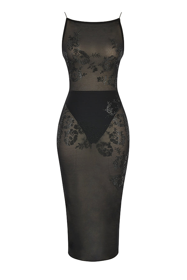 black mesh crystal embellished midi dress