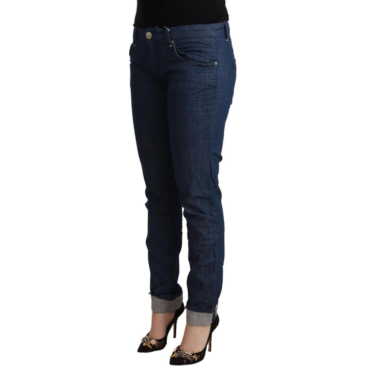Acht Blue Cotton Low Waist Skinny Denim Folded Hem Jeans