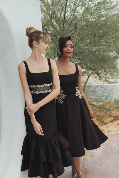Black Sleeveless Crepe Rhinestone Cutout Midi Dress