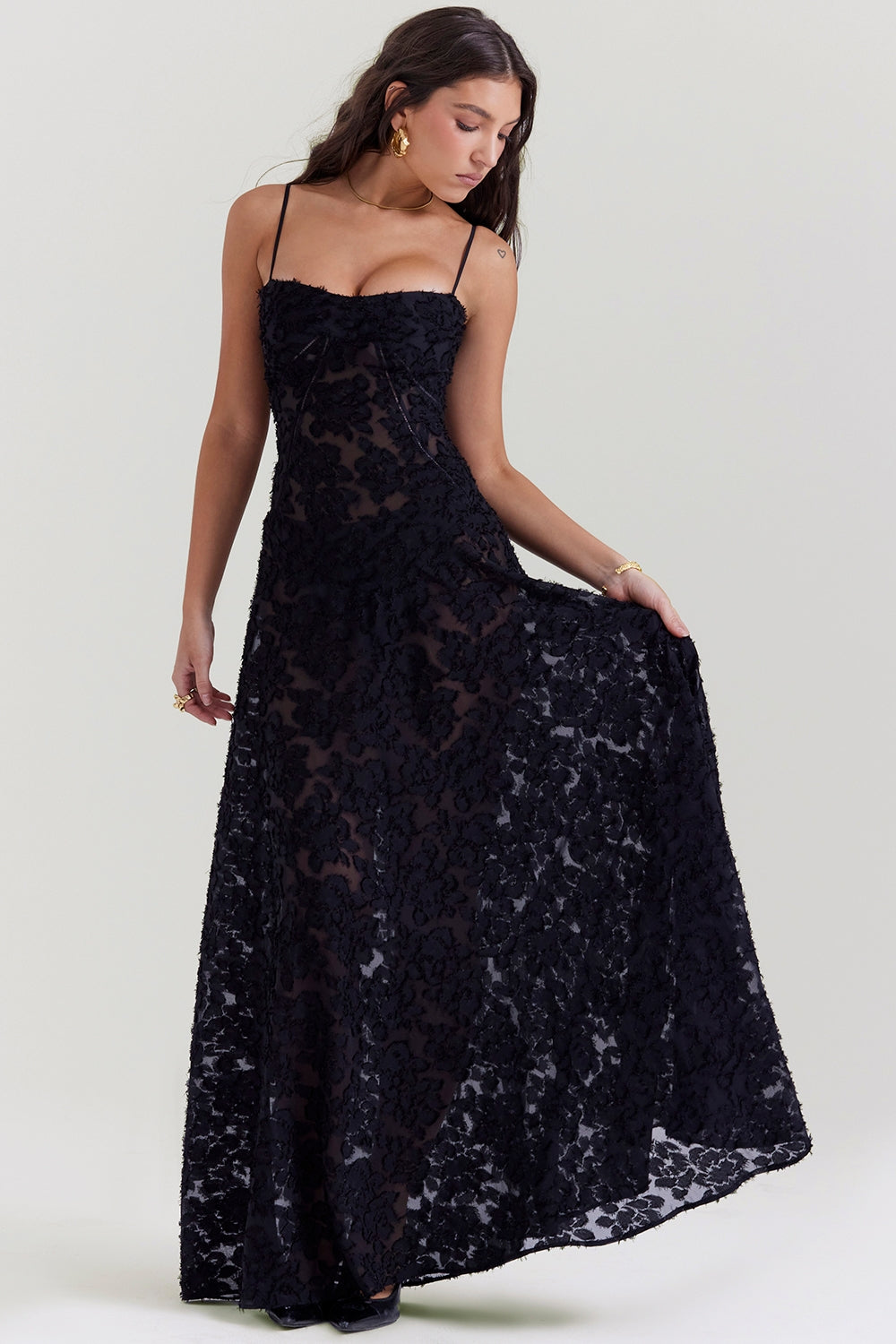 black floral lace back maxi dress