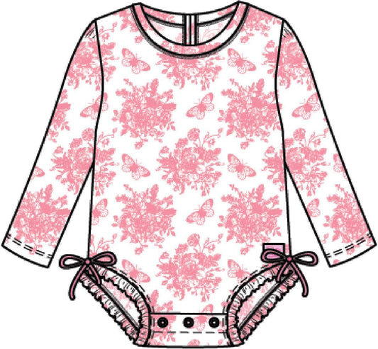 Baby Girls Bubblegum Pink Butterfly Garden Toile One Piece Rash Guard