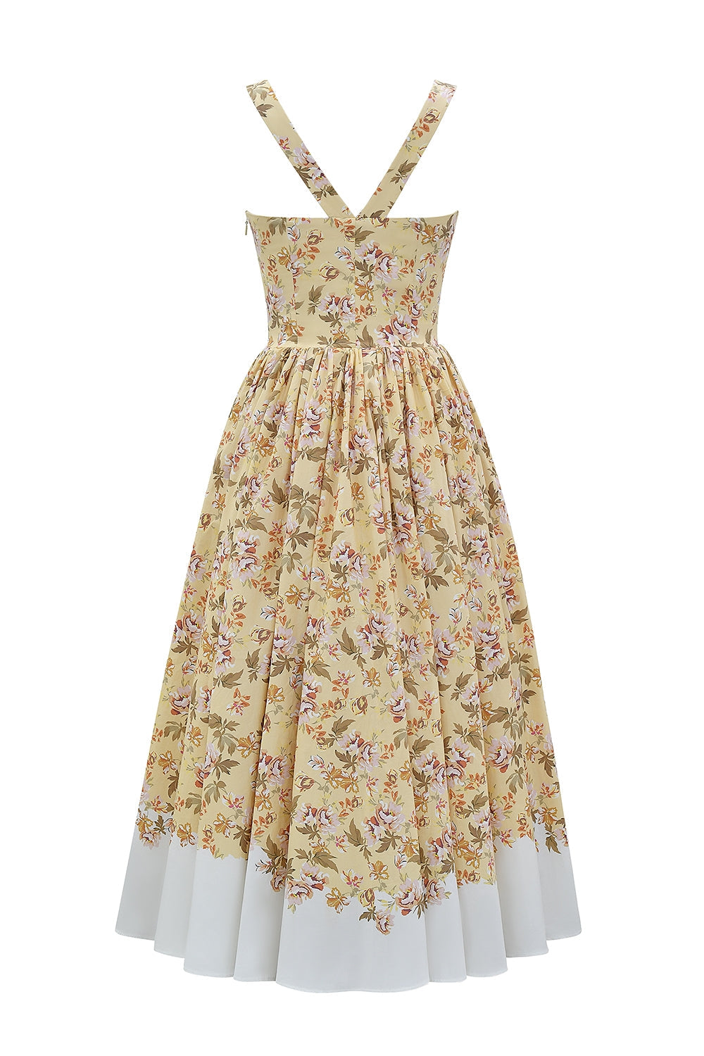 honeyflower print gathered cotton midi dress