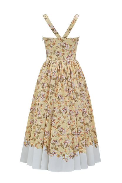 honeyflower print gathered cotton midi dress