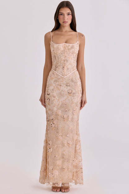 peach hand beaded embellished corset maxi dress - limited edition