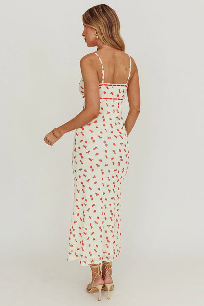 Heart Ablaze Strawberry Cherry Print Midi Dress Cream
