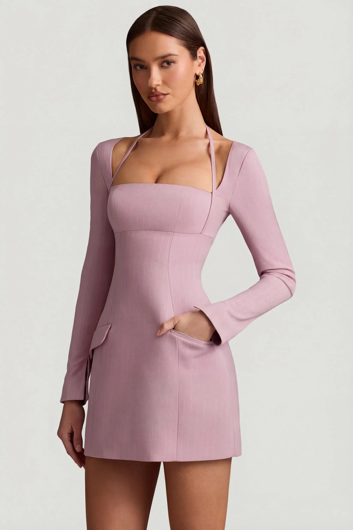 Pinstripe Structured A-Line Mini Dress in Mauve