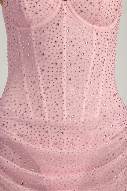 Semi-Sheer Embellished Draped Corset Mini Dress in Pink