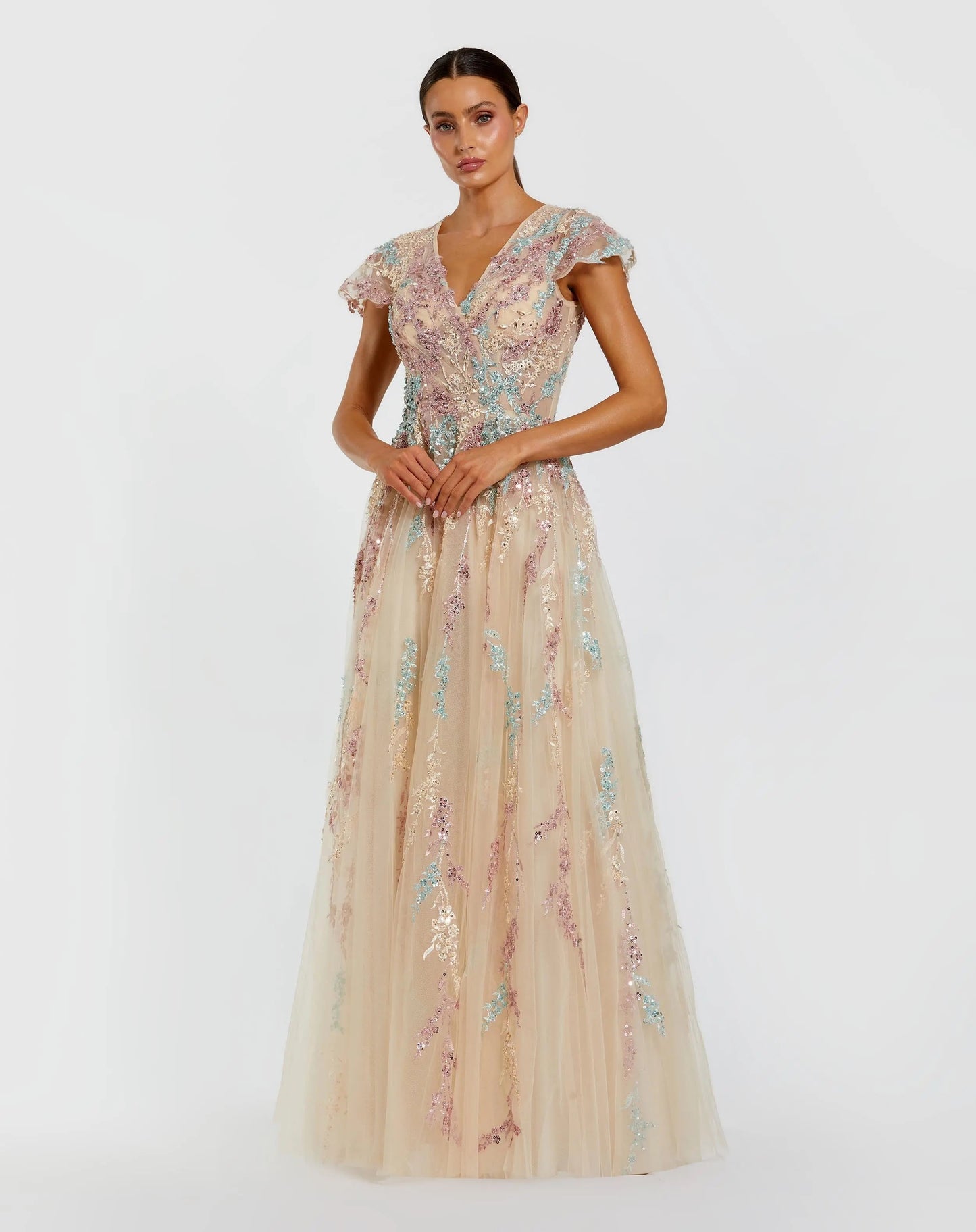 Nude Multi Floral Embroidered Tulle Gown