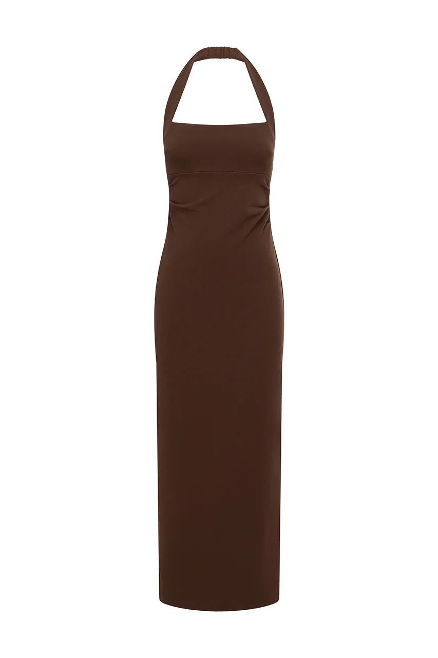 FRANCA HALTER MIDI DRESS - BITTER CHOCOLATE