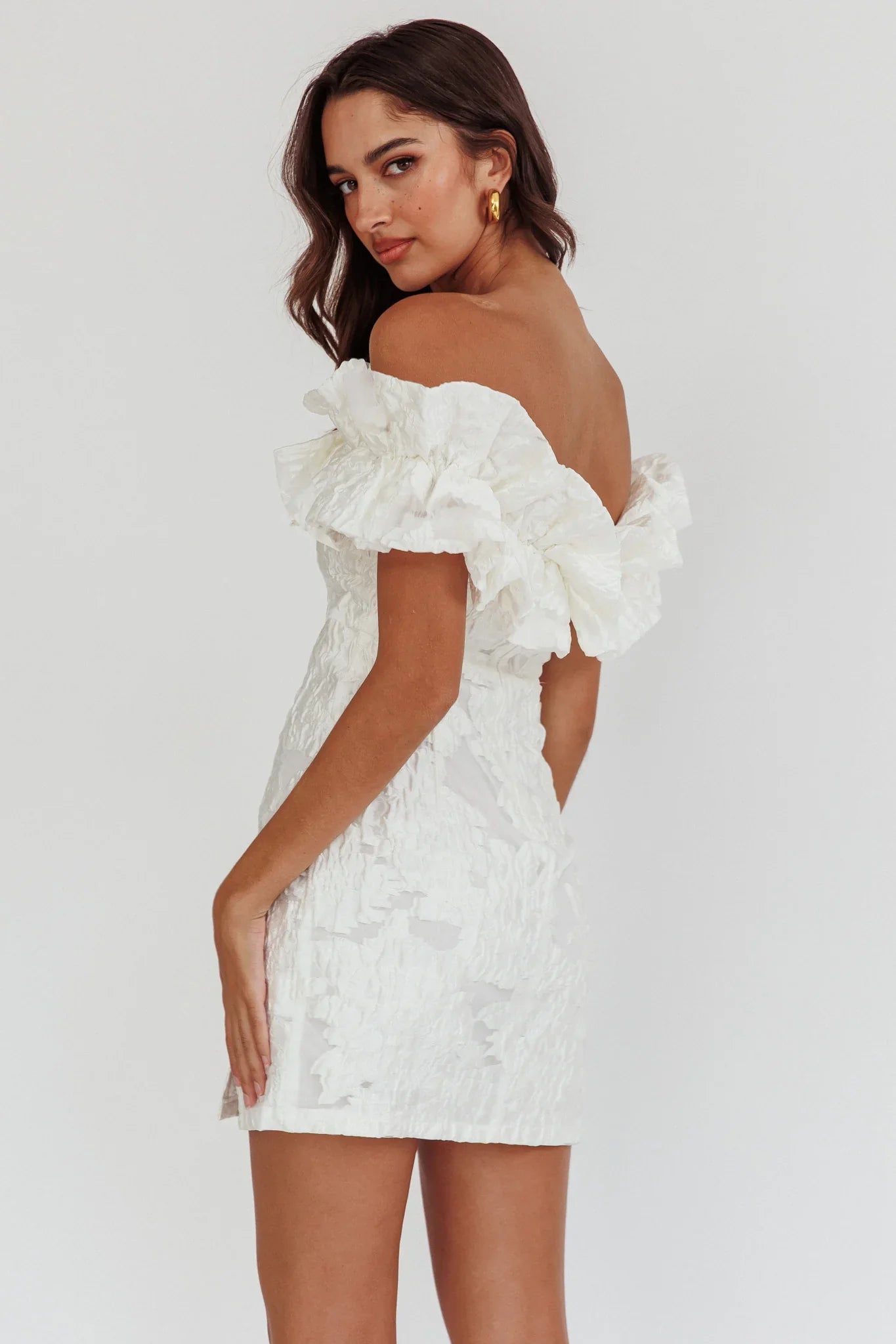 Memoire Off-Shoulder Textured Mini Dress White
