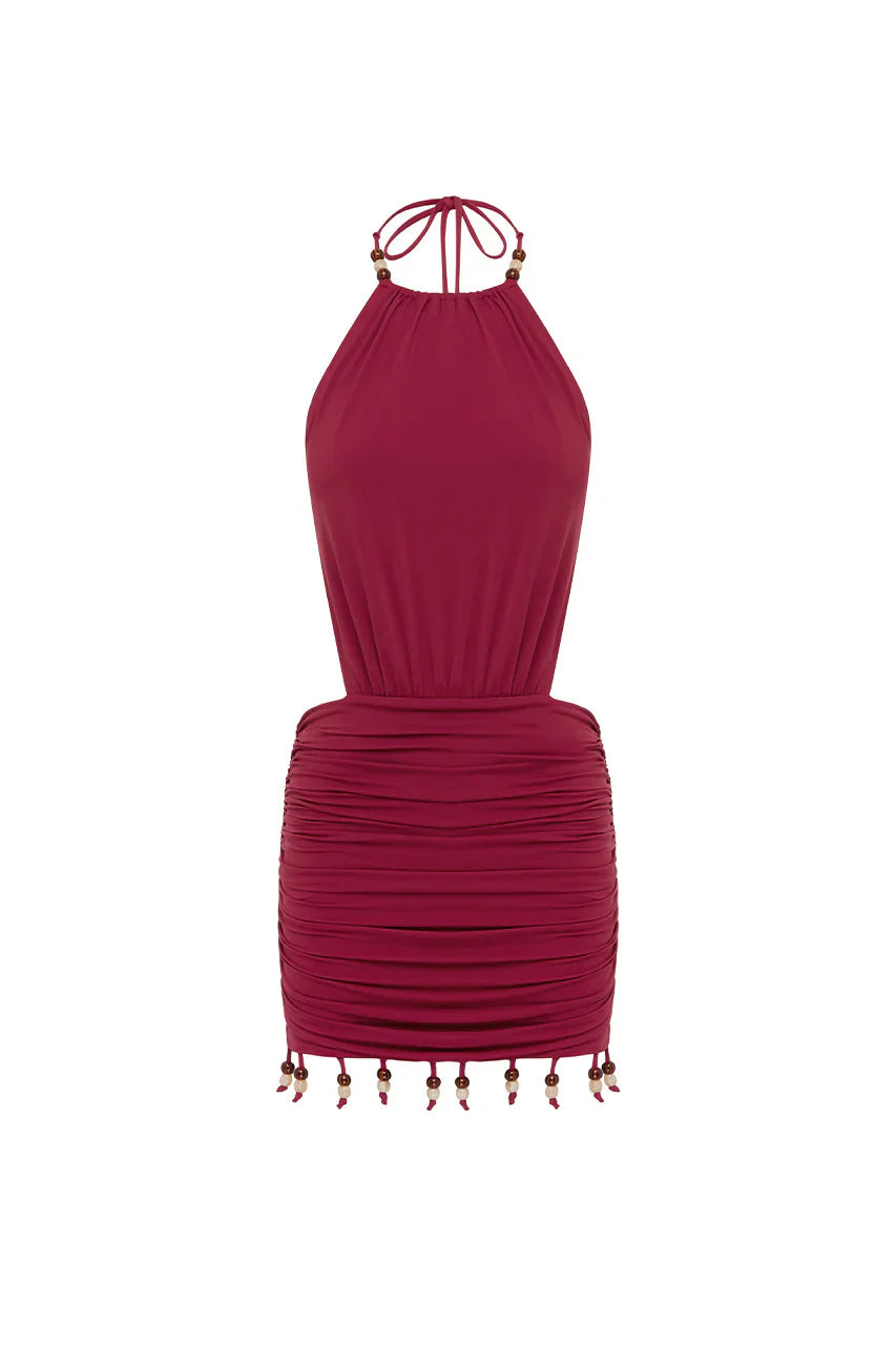 IMELDA HIGH NECK MINI DRESS - CHERRY